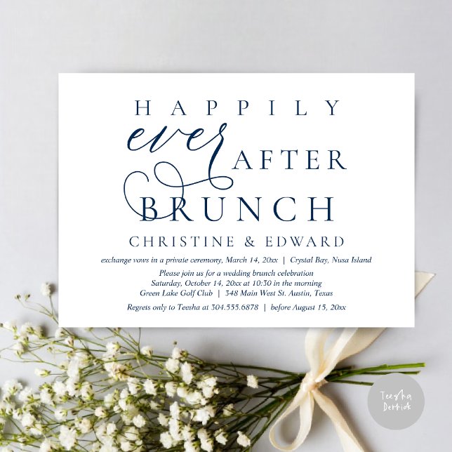 Convite Elopemento De Casamento, Feliz Sempre Depois De Br (Modern Classy Wedding Elopement, Happily Ever After Brunch Invitation Card, PDF, in Navy Blue)