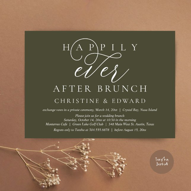 Convite Elopemento De Casamento, Feliz Sempre Depois De Br (Modern Classy Wedding Elopement, Happily Ever After Brunch Invitation Card, PDF, in Olive Green)