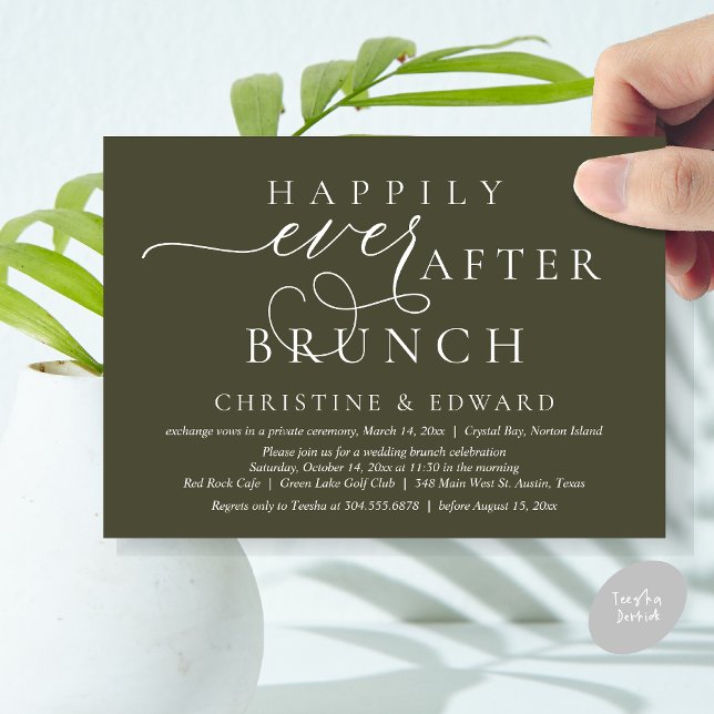 Convite Elopemento De Casamento, Feliz Sempre Depois De Br (Modern Classy Wedding Elopement, Happily Ever After Brunch Invitation Card, PDF, in Olive Green)