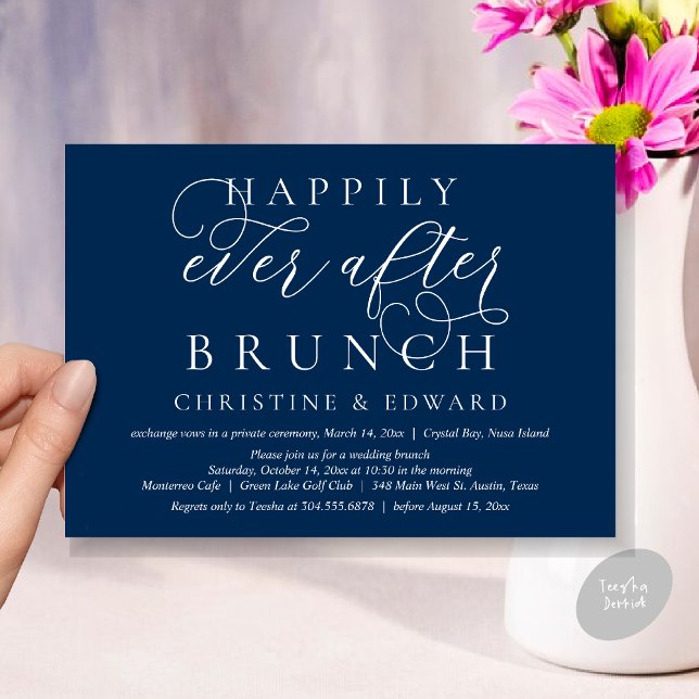 Convite Elopemento De Casamento, Feliz Sempre Depois De Br (Modern Classy Wedding Elopement, Happily Ever After Brunch Invitation Card, PDF, in Navy Blue)