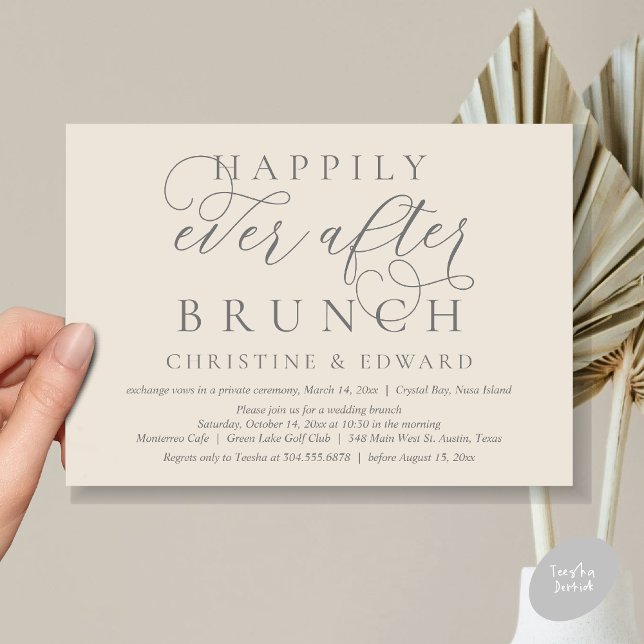 Convite Elopemento De Casamento, Feliz Sempre Depois De Br (Modern Classy Wedding Elopement, Happily Ever After Brunch Invitation Card, PDF, in Cream Grey)