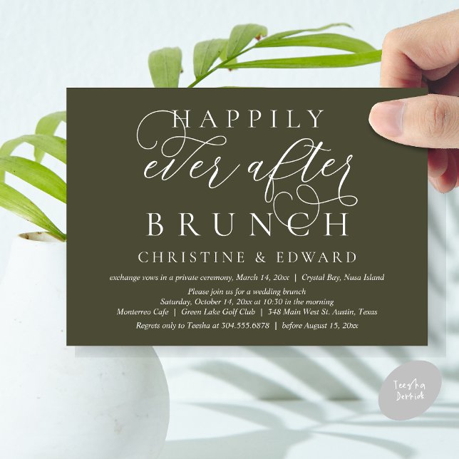 Convite Elopemento De Casamento, Feliz Sempre Depois De Br (Modern Classy Wedding Elopement, Happily Ever After Brunch Invitation Card, PDF, in Olive Green)
