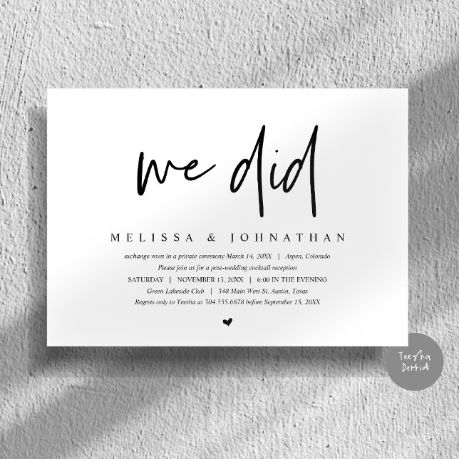 Convite Elopemento de Casamento, Minimalista Moderno, nós  (We Did, Wedding Elopement Dinner Invitation Card, PDF, Modern Minimalist, in Black and White)