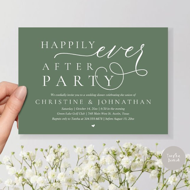 Convite Elopemento de Casamento Moderno, Feliz Nunca Depoi (Modern Cute Wedding Elopement, Happily Ever After Party Invitation Card, PDF, in Forest Sage Green)