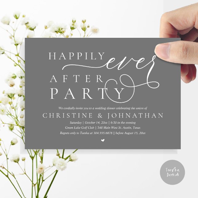 Convite Elopemento de Casamento Moderno, Feliz Nunca Depoi (Modern Cute Wedding Elopement, Happily Ever After Party Invitation Card, PDF, in Dark Grey)