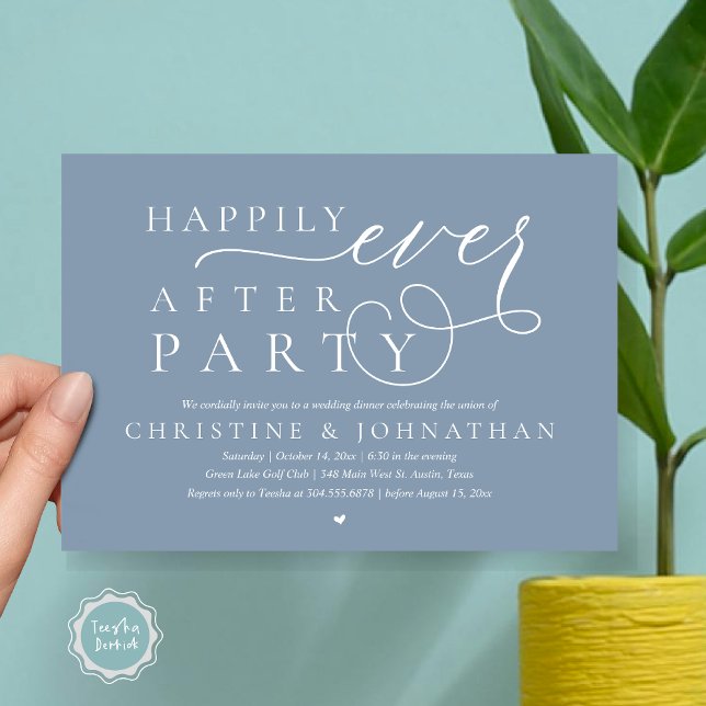 Convite Elopemento de Casamento Moderno, Feliz Nunca Depoi (Modern Cute Wedding Elopement, Happily Ever After Party Invitation Card, PDF, in Dusty Blue)