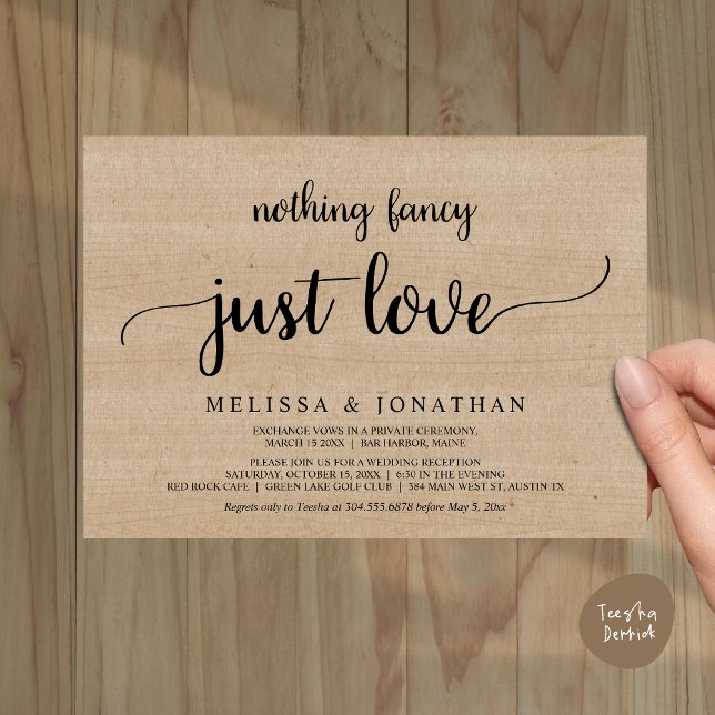 Convite Elopemento De Casamento, Nada De Rico Apenas Ame J (Wedding Elopement, Nothing Fancy Just Love Dinner Invitation Card, PDF, Rustic Cottage Brown Wood)