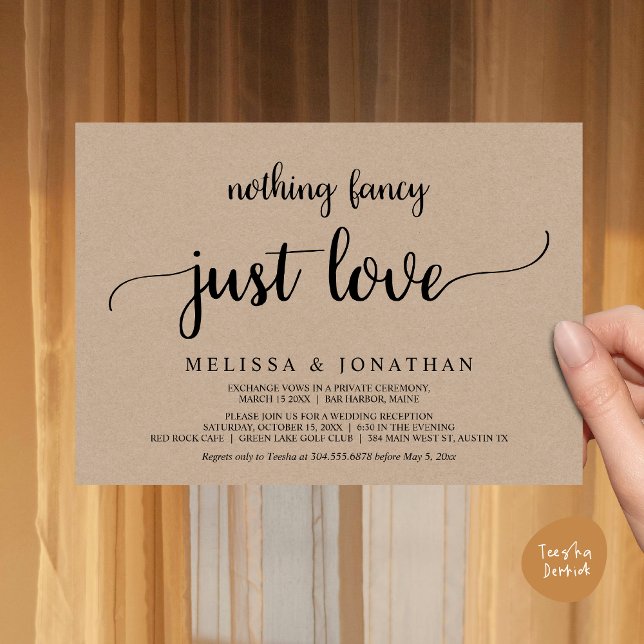 Convite Elopemento De Casamento, Nada De Rico Apenas Ame J (Wedding Elopement, Nothing Fancy Just Love Dinner Invitation Card, PDF, Rustic Cottage Brown Kraft)