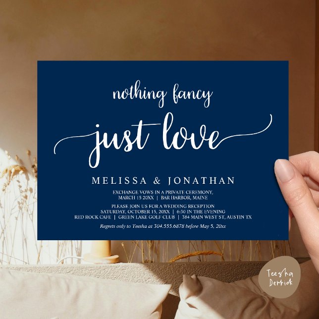Convite Elopemento De Casamento, Nada De Rico Apenas Ame J (Wedding Elopement, Nothing Fancy Just Love Dinner Invitation Card, PDF, Rustic Cottage Navy Blue)