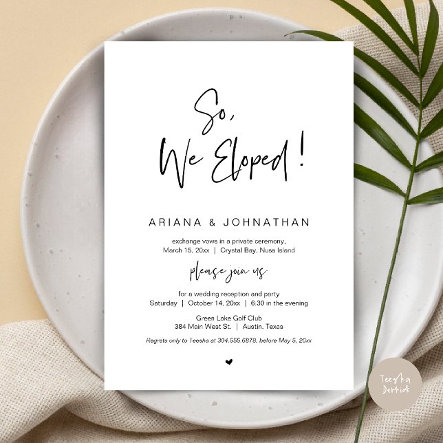 Convite Elopemento De Casamento, Negro (So, We Eloped, Modern Wedding Elopement Dinner Invitation Card, PDF, in Black and White)