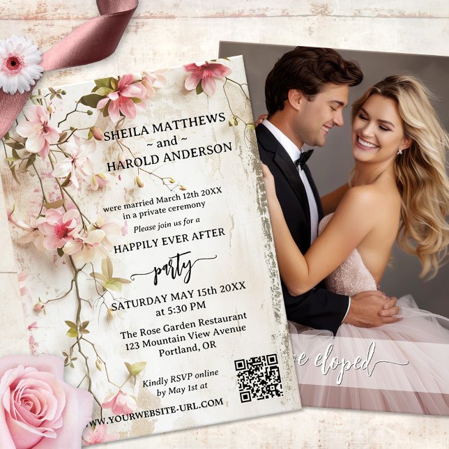 Convite Elopemento de Recepção de casamento Bico (Boho chic happily ever after or post wedding invitation featuring your photo and watercolor flowers)