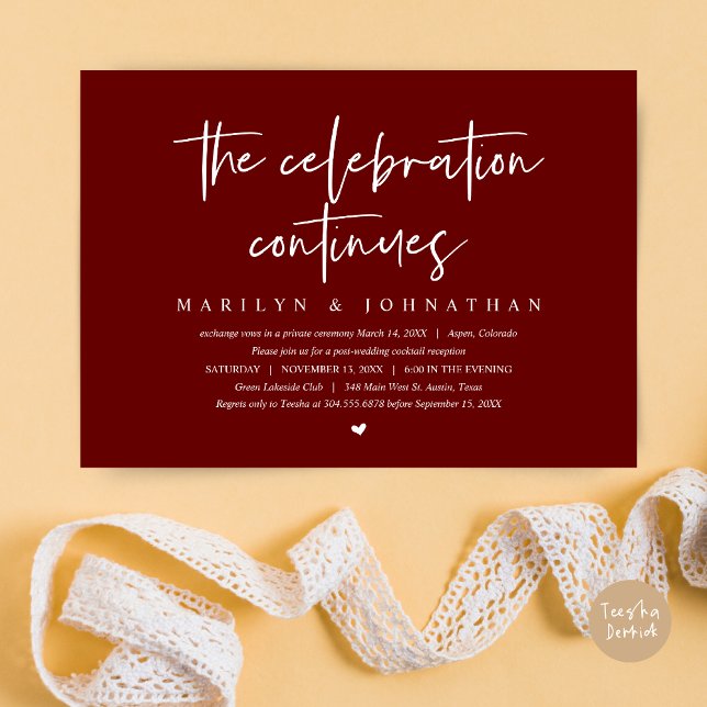Convite Elopemento do Casamento Moderno continua a comemor (Wedding Elopement, Modern celebration continues Invitation Card, PDF, in Burgundy Red)