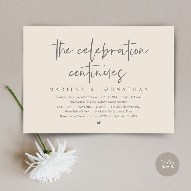 Convite Elopemento do Casamento Moderno continua a comemor (Wedding Elopement, Modern celebration continues Invitation Card, PDF, in Dark Grey and Cream)