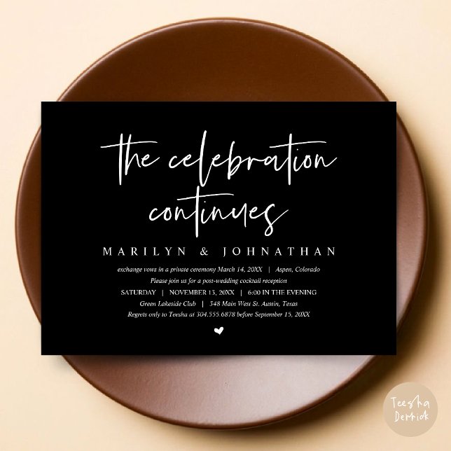 Convite Elopemento do Casamento Moderno continua a comemor (Wedding Elopement, Modern celebration continues Invitation Card, PDF, in Classy Black)
