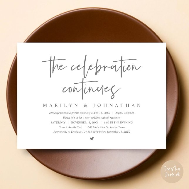 Convite Elopemento do Casamento Moderno continua a comemor (Wedding Elopement, Modern celebration continues Invitation Card, PDF, in Dark Grey)