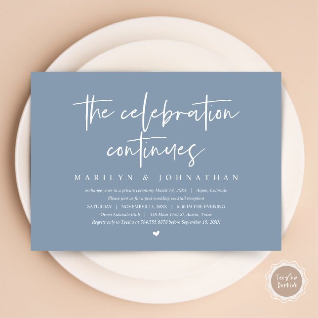 Convite Elopemento do Casamento Moderno continua a comemor (Wedding Elopement, Modern celebration continues Invitation Card, PDF, in Dusty Blue)