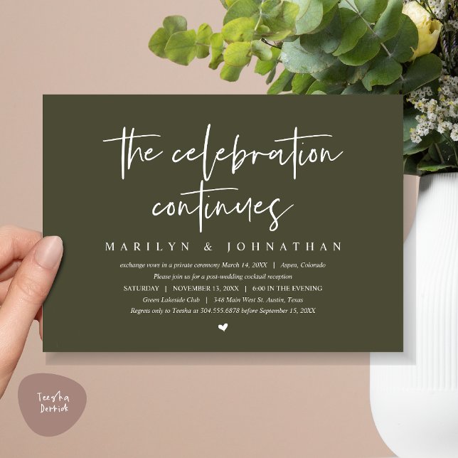 Convite Elopemento do Casamento Moderno continua a comemor (Wedding Elopement, Modern celebration continues Invitation Card, PDF, in Olive Green)