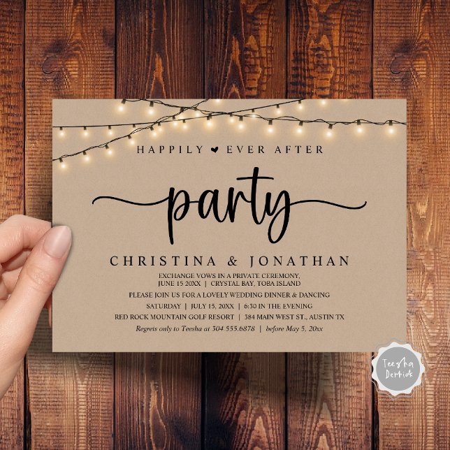 Convite Elopemento Russo De Casamento, Feliz Nunca Depois  (Rustic Wedding Elopement, Happily Ever After Party Invitation Card, PDF, String Lights Brown Kraft)