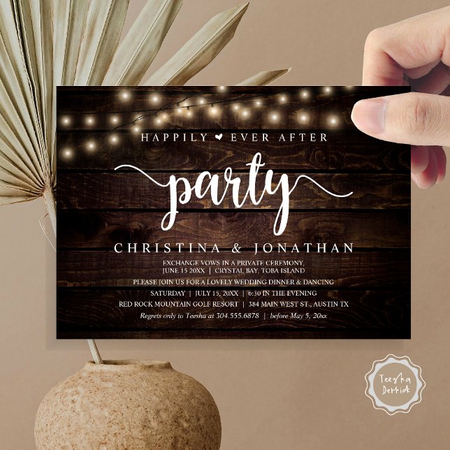 Convite Elopemento Russo De Casamento, Feliz Nunca Depois  (Rustic Wedding Elopement, Happily Ever After Party Invitation card, pdf, in cottage dark wood)