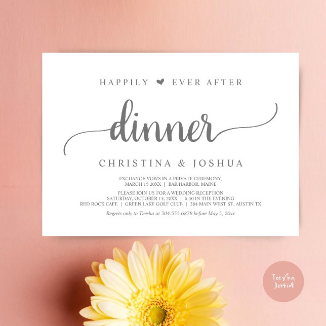 Convite Elopemento Russo De Casamento Feliz Para Sempre Ap (Happily Ever After Dinner Invitation Card, Modern Elopement Rustic Script, PDF, Dark Grey)