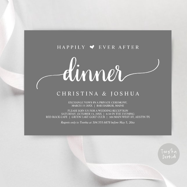 Convite Elopemento Russo De Casamento Feliz Para Sempre Ap (Happily Ever After Dinner Invitation Card, Modern Elopement Rustic Script, PDF, Dark Grey)