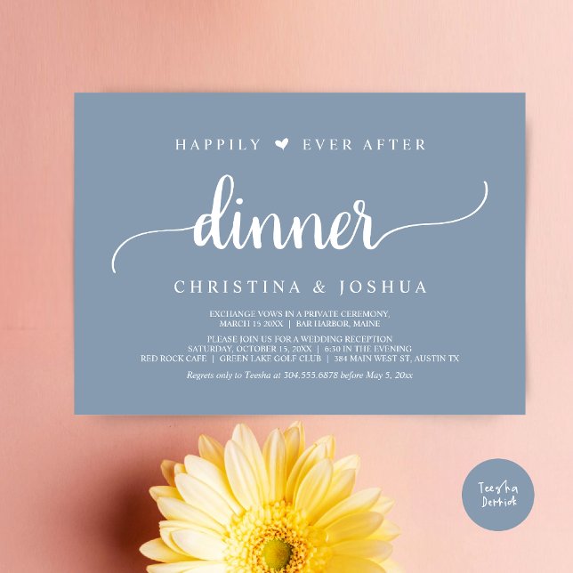 Convite Elopemento Russo De Casamento Feliz Para Sempre Ap (Happily Ever After Dinner Invitation Card, Modern Elopement Rustic Script, PDF, Dusty Blue)