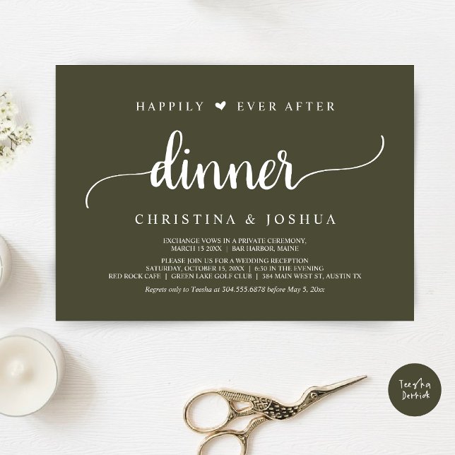 Convite Elopemento Russo De Casamento Feliz Para Sempre Ap (Happily Ever After Dinner Invitation Card, Modern Elopement Rustic Script, PDF, Olive Green)