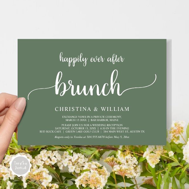 Convite Elopemento Russo De Casamento Feliz Para Sempre De (Rustic Wedding Elopement Happily Ever After Brunch Invitation Card, PDF, in Sage Green)
