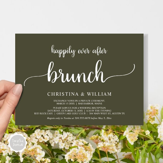Convite Elopemento Russo De Casamento Feliz Para Sempre De (Rustic Wedding Elopement Happily Ever After Brunch Invitation Card, PDF, in Olive Green)