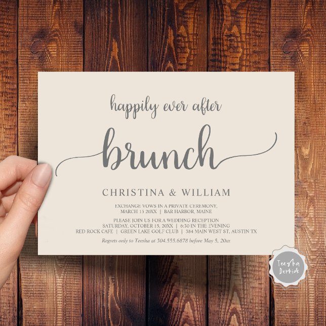 Convite Elopemento Russo De Casamento Feliz Para Sempre De (Rustic Wedding Elopement Happily Ever After Brunch Invitation Card, PDF, in Cream Dark Grey)