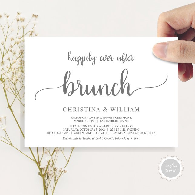 Convite Elopemento Russo De Casamento Feliz Para Sempre De (Rustic Wedding Elopement Happily Ever After Brunch Invitation Card, PDF, in Dark Grey)
