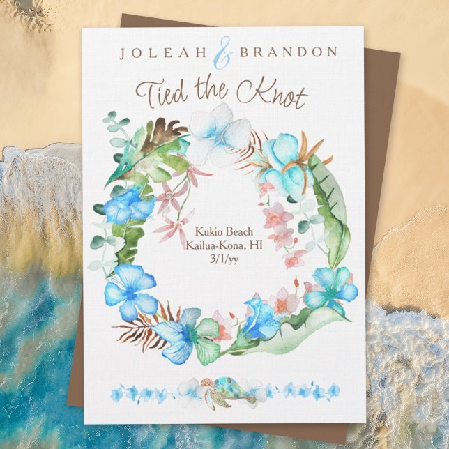 Convite Elopete de Hibisco Verde Marrom Tropical Azul (elopement, beach wedding, blue tropical wedding, floral hibiscus flowers, we tied the knot)