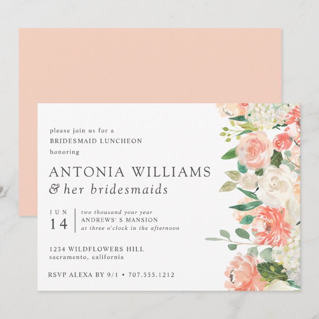 Convite Em Bloom Floral Peach Rosa Bridesmaid Luncheid (Frente/Verso)