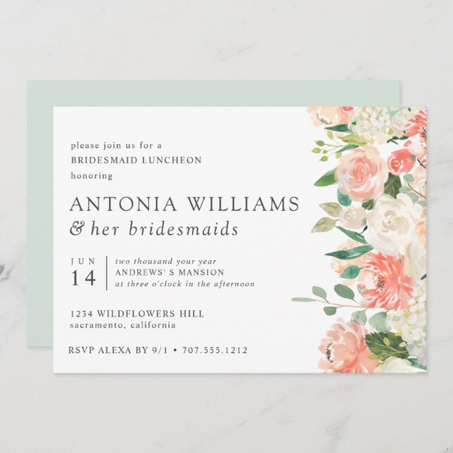 Convite Em Bloom Floral Peach Rosa Bridesmaid Luncheid I (Frente/Verso)