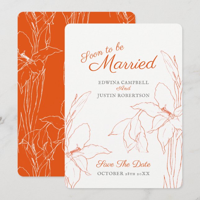 Convite Em breve botânica de gladíolo laranja casada (Frente/Verso)