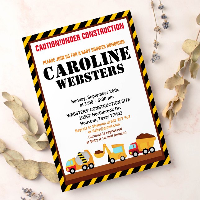 Convite EM Chá de fraldas DE CONSTRUÇÃO (Criador carregado)