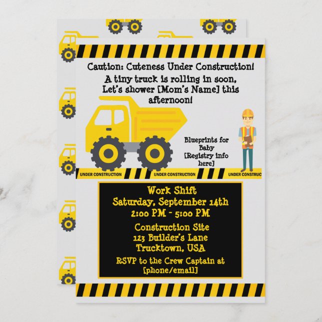 Convite Em Construção - Bebê da Construção de Caminhões Am (Frente/Verso)