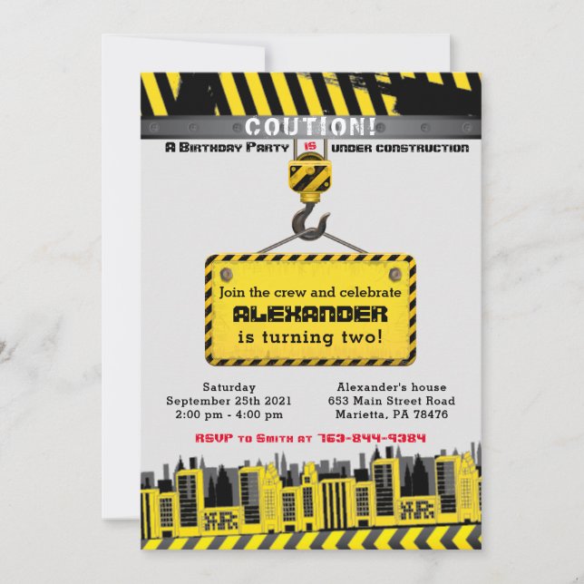 Convite Em Construção de Caminhões de Festa de aniversário (Frente)