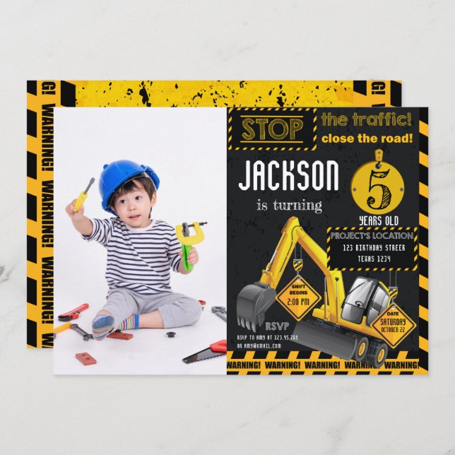 Convite Em Construção, Escavador, Foto de Aniversário (Frente/Verso)
