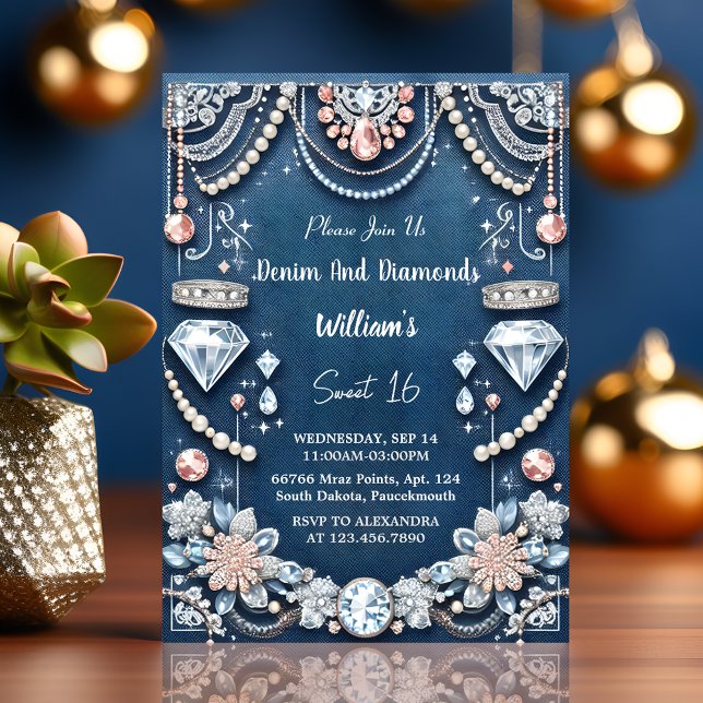 Convite Em Elegante Gem Bling Denim E Diamantes Sweet 16 (Criador carregado)