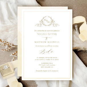 Convite Em espanhol, Casamento Champagne Elegante Monogram