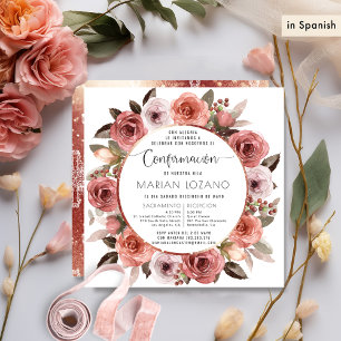 Convite Em espanhol, Confirmação, Floral em Dourado Rosa