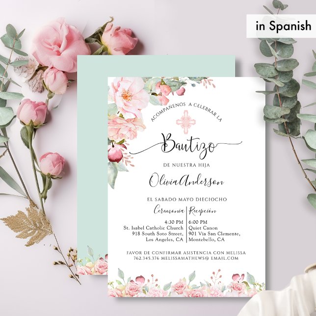 Convite Em espanhol, Rosa de batismo chic, Mint Floral, Do (Criador carregado)
