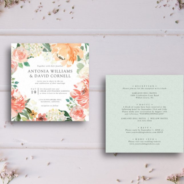 Convite Em flor | Todos num casamento Botânico Peach Pink (Floral square all in one wedding invitation featuring modern layout  peach, pink blush flower )
