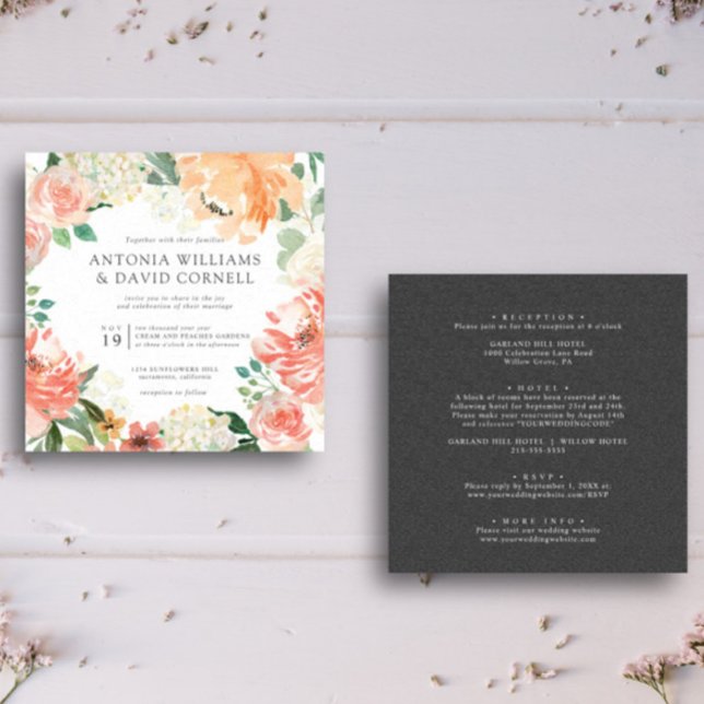 Convite Em flor | Todos num casamento Botânico Peach Pink (Gray pink peaches blush and green tones for this elegant chic botanical flower themed all in one )