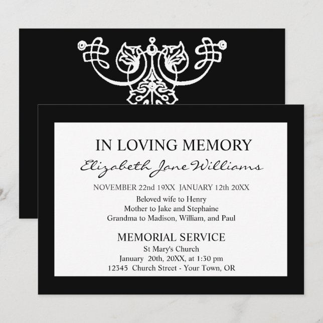Convite Em Memória Amorosa | Funeral | Borda Preta Simples (Frente/Verso)