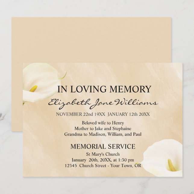 Convite Em Memória Amorosa | Funeral | Lírios Aquarela (Frente/Verso)