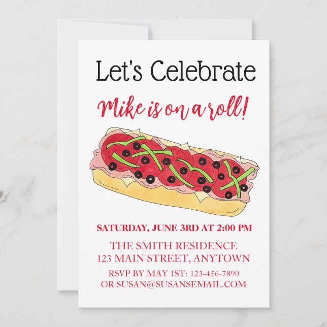 Convite Em um Roll Italiana Sub Sandwich Parabéns (Frente)