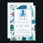 Convite Embaixo do Sea Watercolor Kids Octopus Birthday<br><div class="desc">Sob O Padrão De Octopus Oceânico Por Aquarela Do Mar Personalizou Convites De Aniversário. Padrão temático do oceano náutico. Baleia,  polvo,  barco,  âncoras e naves rodopadas em fundo branco. Coordenar com outros suprimentos de partes náuticas. Editar para adicionar detalhes da parte. www.SamAnnDesigns.com</div>