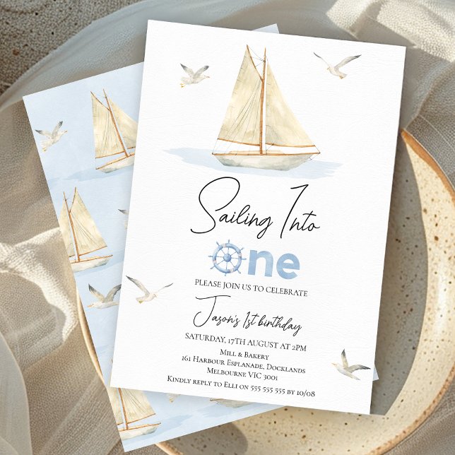 Convite Embarcação De Navegação Azul Que Veleja Em Um prim (Sailing Into 1st Birthday Invite Boy Nautical Sailing Boat Party Invitation Printable Light Blue )